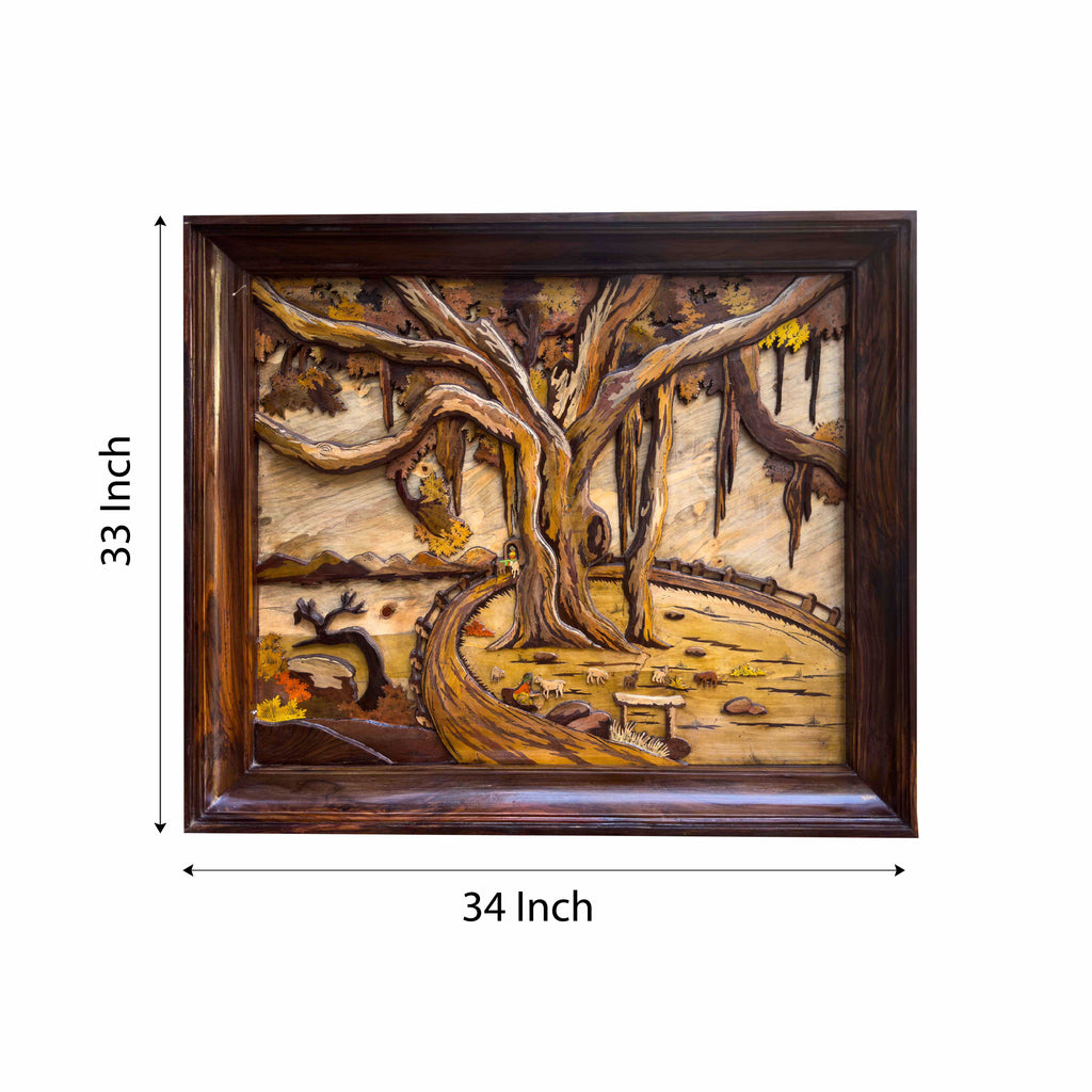 Mysore Wooden Inlay Banyan Tree Panel