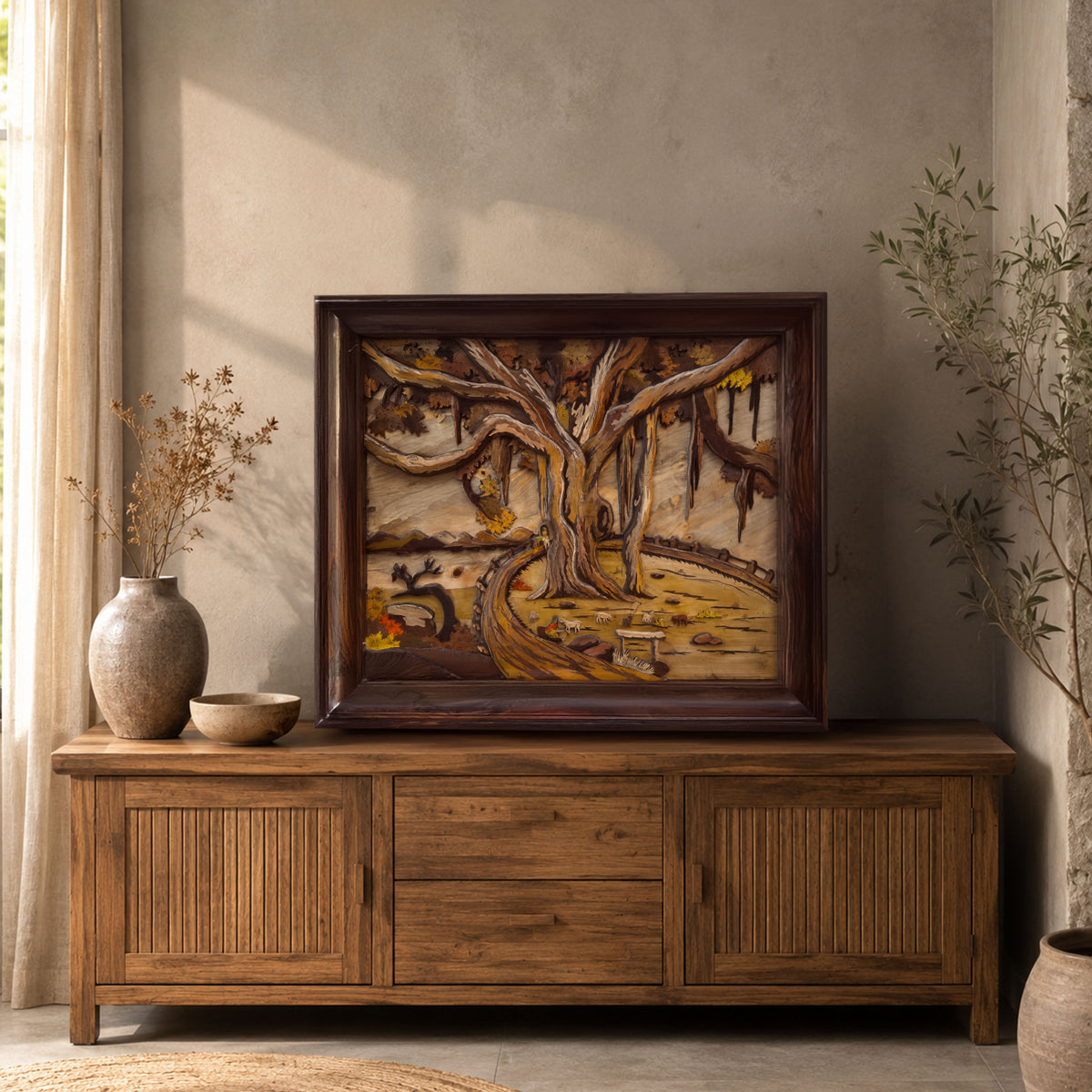 Mysore Wooden Inlay Banyan Tree Panel
