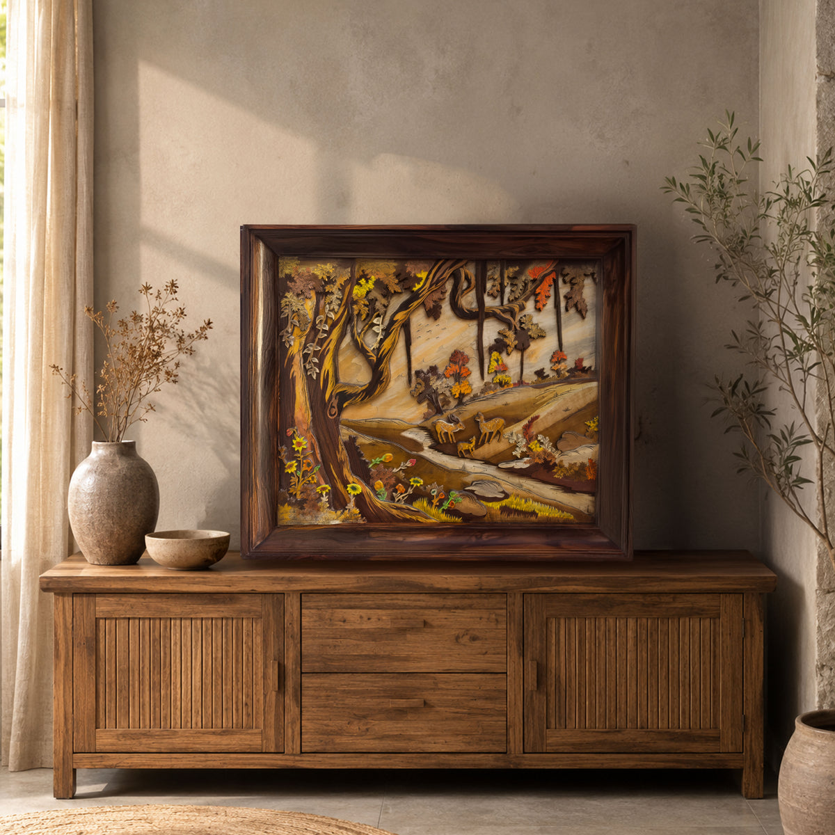 Mysore Wooden Inlay Forest Scenery Panel