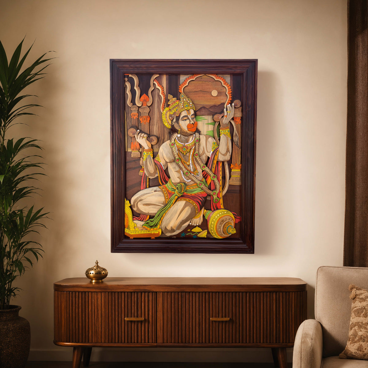 Mysore Wooden Inlay Hanuman-Wall panel