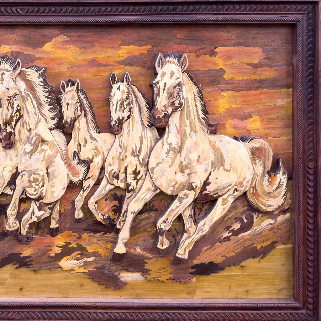 Mysore Wooden Inlay Running Horse Wall Panel