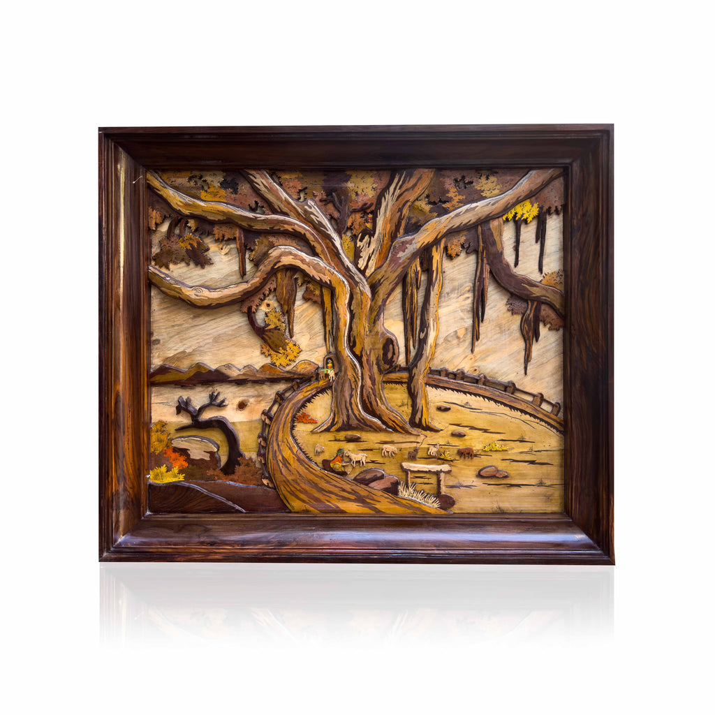 Mysore Wooden Inlay Banyan Tree Panel