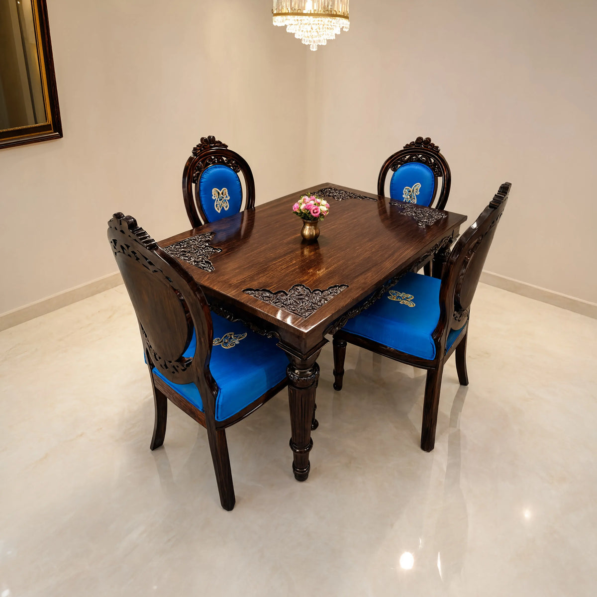 Hand-Carved Rosewood 4-Seater Dining Table Set